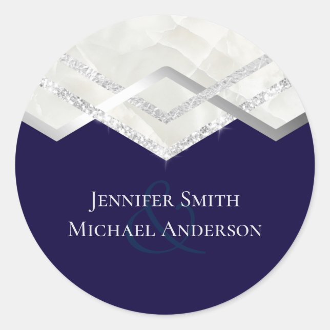 LeahG Budget Navy Silver Deco Wedding Classic Round Sticker (Front)