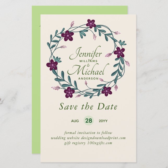 LeahG BUDGET Save Date Plum Floral Wreath (Front/Back)