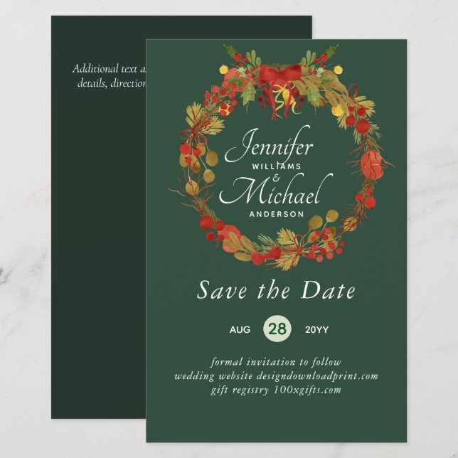 LeahG BUDGET Save Dates Red Rustic Festive Wreath (Front/Back)