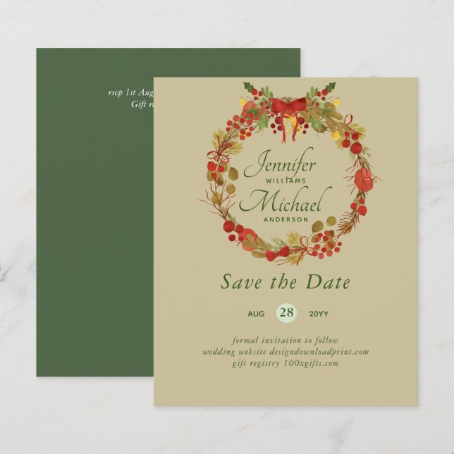 LeahG BUDGET Save Dates Red Rustic Festive Wreath (Front/Back)