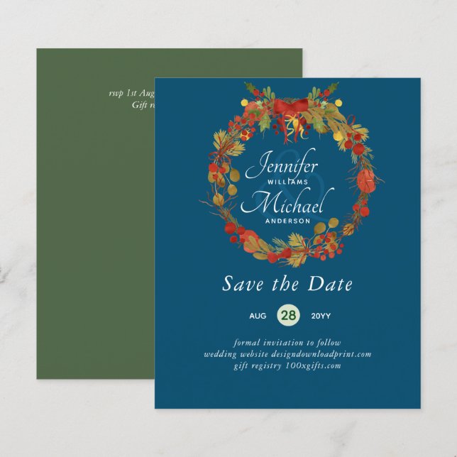 LeahG BUDGET Save Dates Red Rustic Festive Wreath (Front/Back)