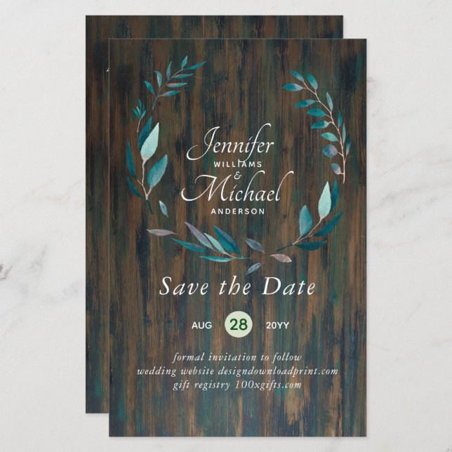 LeahG BUDGET Save Dates Turquoise Teal Wreath (Front/Back)