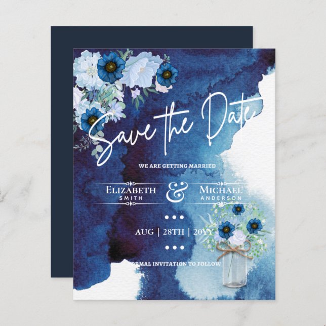LeahG BUDGET Save The Date Dusty Blue Flower (Front/Back)