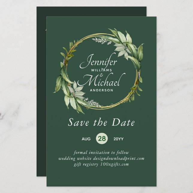 LeahG BUDGET Save The Date Greenery Wreath Modern (Front/Back)