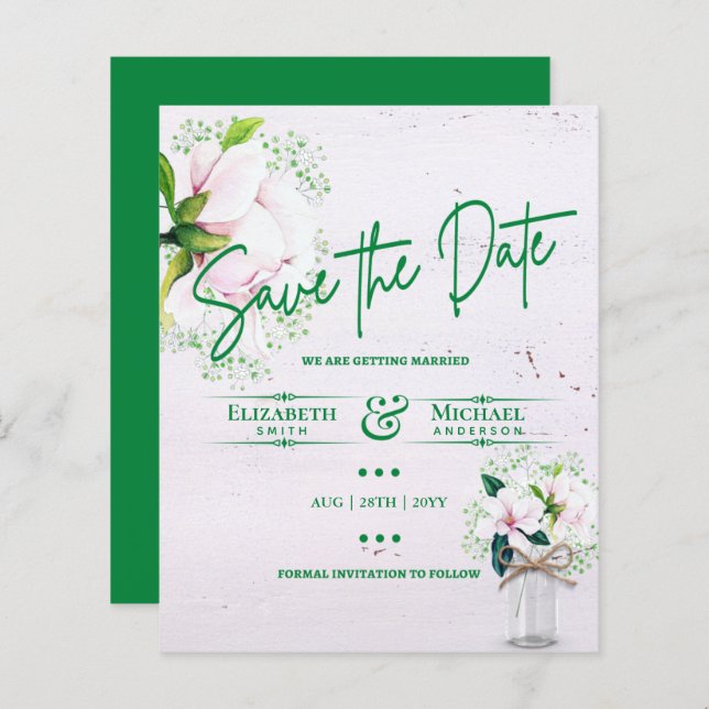 LeahG BUDGET Save The Date Pink Green Magnolias (Front/Back)