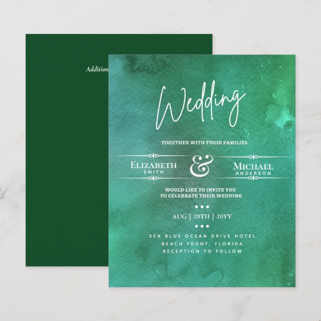 LeahG BUDGET Wedding Invite Emerald  Watercolor (Front/Back)