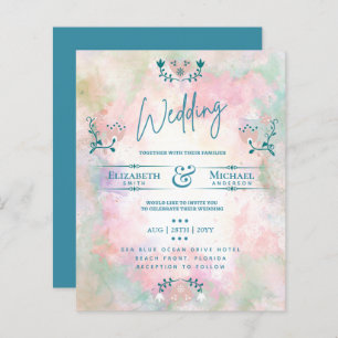 LeahG BUDGET Wedding Invite Folk Art Teal Pink