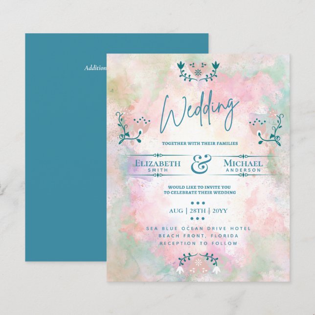 LeahG BUDGET Wedding Invite Folk Art Teal Pink (Front/Back)