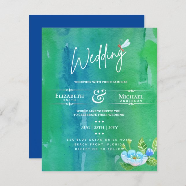 LeahG BUDGET Wedding Invite Garden Pond Watercolor (Front/Back)