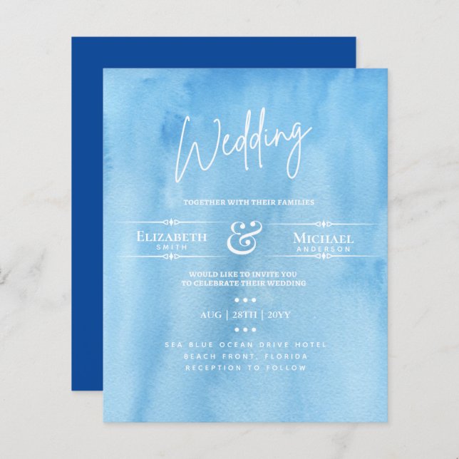 LeahG BUDGET Wedding Invite Ocean Blue Watercolor (Front/Back)