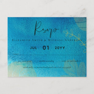 LeahG BUDGET Wedding Ocean Blue Watercolor RSVP Postcard