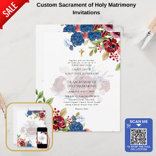 LeahG Burgundy Blue Floral Sacrament of Marriage Invitation