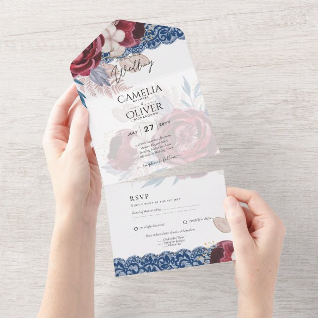 LeahG Burgundy Blue Roses Lace Fall Wedding Invite (Tearaway)