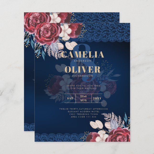 LeahG Burgundy Blue Roses Lace Fall Wedding Invite (Front/Back)
