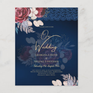 LeahG Burgundy Blue Roses Lace Fall Wedding Invite