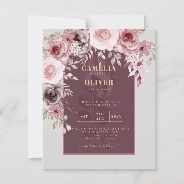 LeahG Burgundy Blush Pink Roses Fall Wedding Inv. (Front)