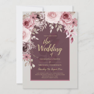 LeahG Burgundy Blush Pink Roses Fall Wedding Inv. Invitation
