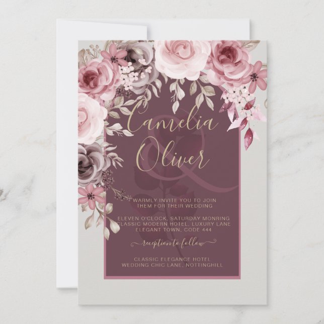LeahG Burgundy Blush Pink Roses Fall Wedding Inv. Invitation (Front)