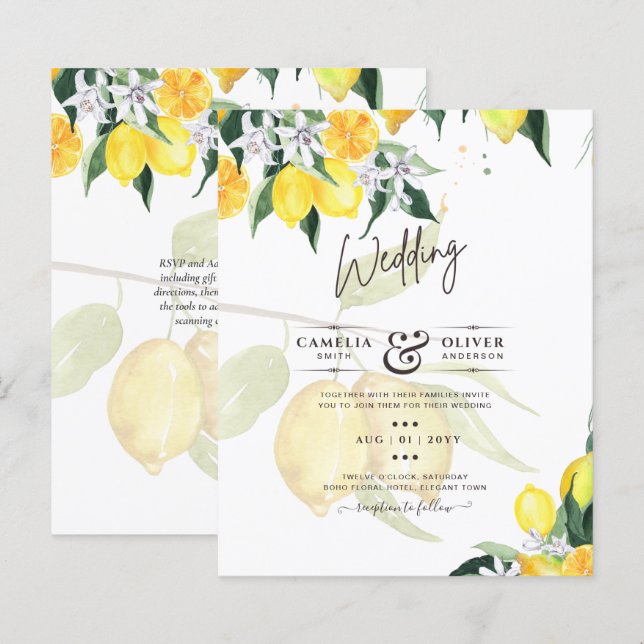 LeahG Citrus Lemons Budget Wedding Invite Yellow (Front/Back)
