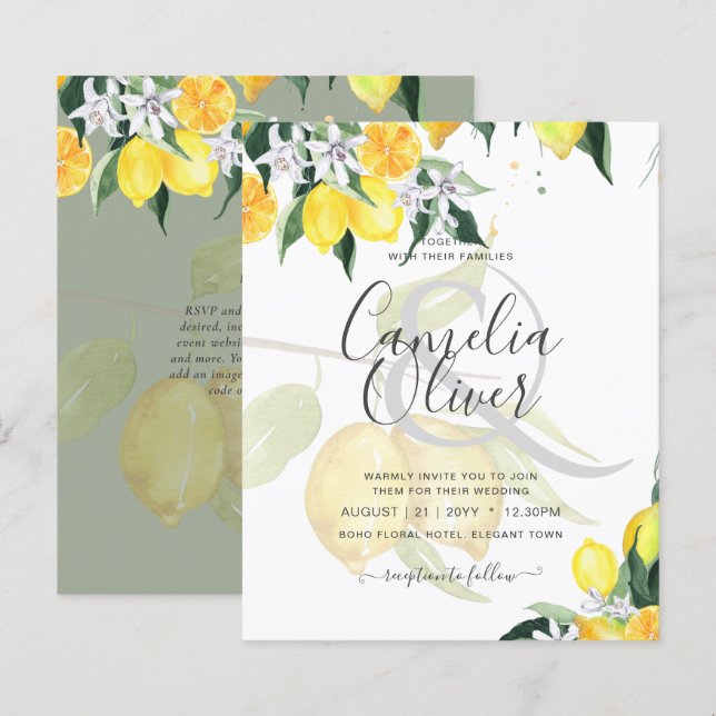LeahG Citrus Lemons Budget Wedding Invite Yellow (Front/Back)