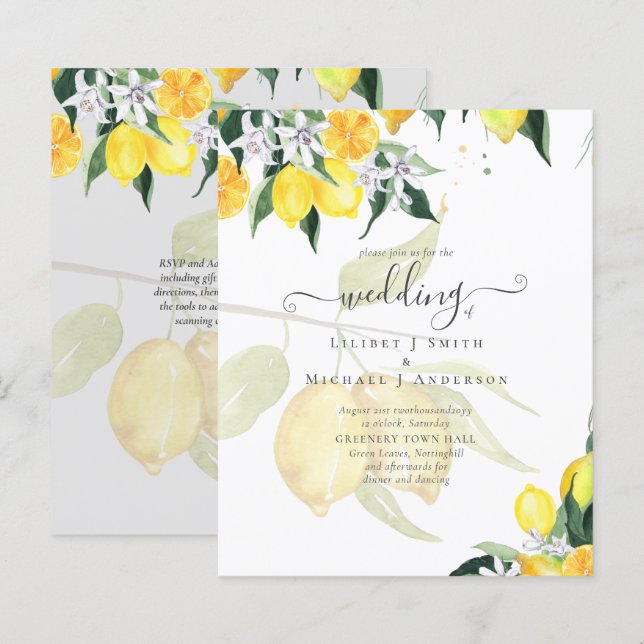 LeahG Citrus Yellow Lemons Wedding Invites (Front/Back)