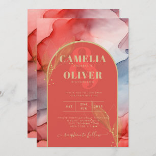LeahG Coral Navy Blue Gold INK Wedding INVITE