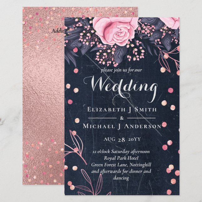 LeahG Denim Blue Rosegold Pink Floral Wedding (Front/Back)