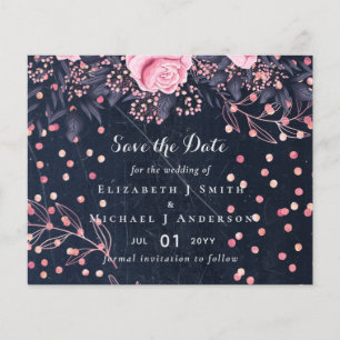LeahG Denim Blue Rosegold Pink Floral Wedding Flyer