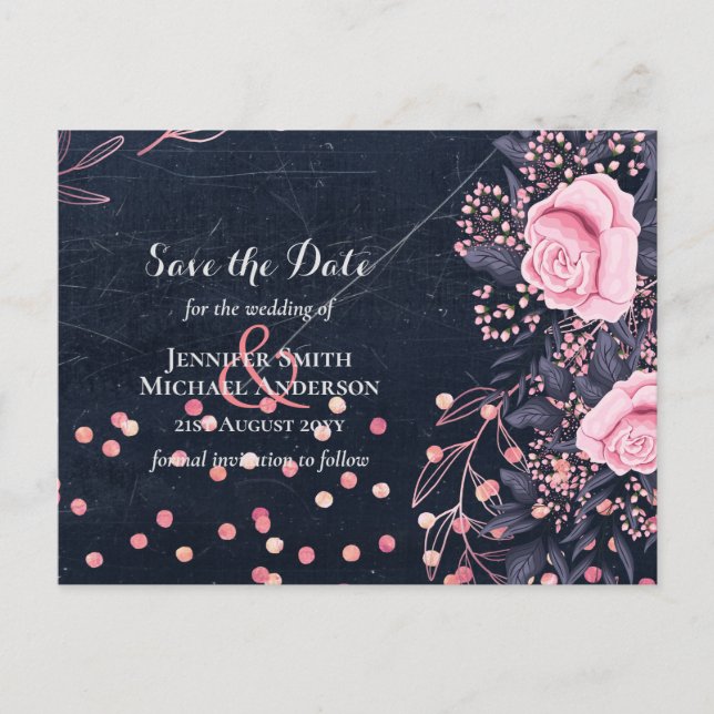 LeahG Denim Blue Rosegold Pink Floral Wedding Postcard (Front)