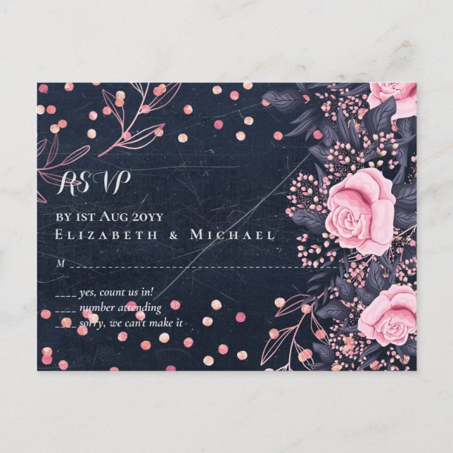 LeahG Denim Blue Rosegold Pink Floral Wedding Postcard (Front)