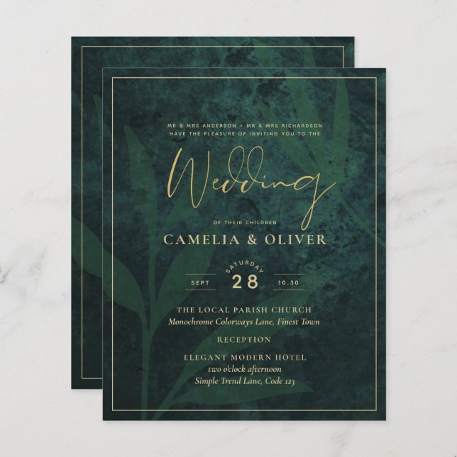 LeahG Emerald Forest Green Gold Wedding Invite (Front/Back)