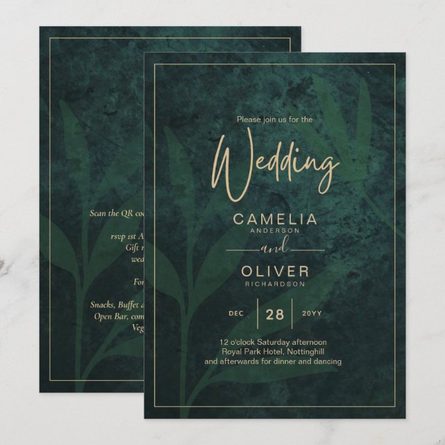 LeahG Emerald Forest Green Gold Wedding Invite (Front/Back)
