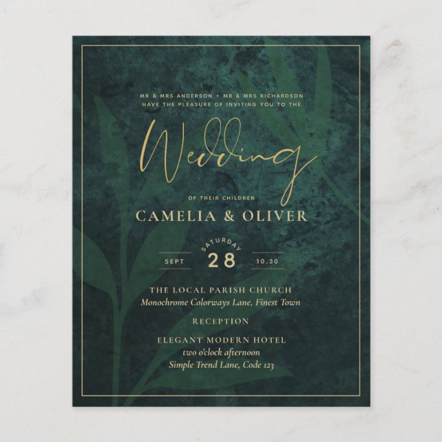 LeahG Emerald Forest Green Gold Wedding Invite Flyer (Front)