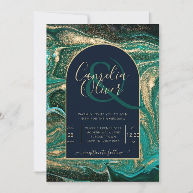 LeahG Emerald Green Gold Agate Wedding Invite (Front)