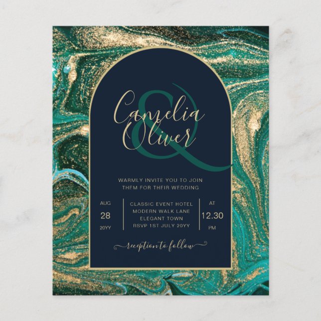 LeahG Emerald Green Gold Agate Wedding Invite Flyer (Front)