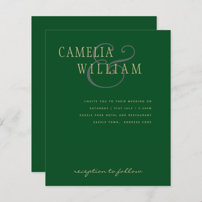 LeahG Emerald Green Gold Modern Wedding Invite (Front/Back)