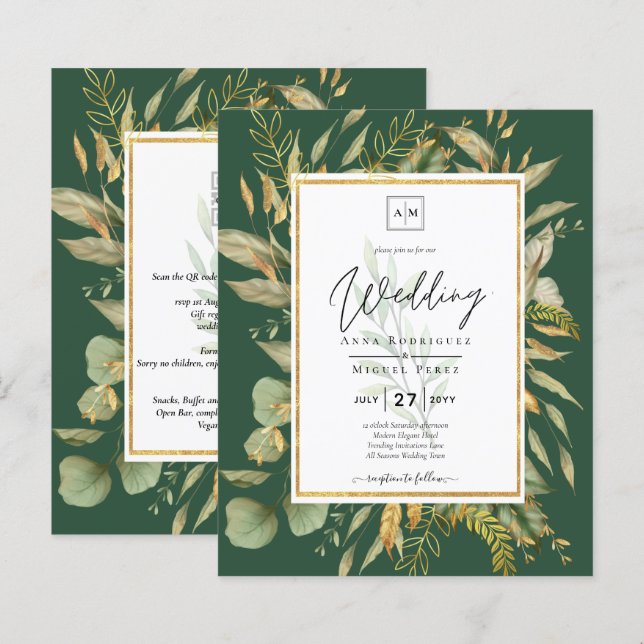 LeahG Emerald Green Greenery Wedding Invite (Front/Back)