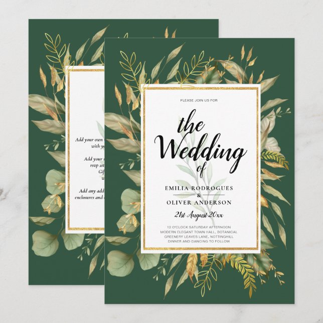LeahG Emerald Green Greenery Wedding Invite (Front/Back)
