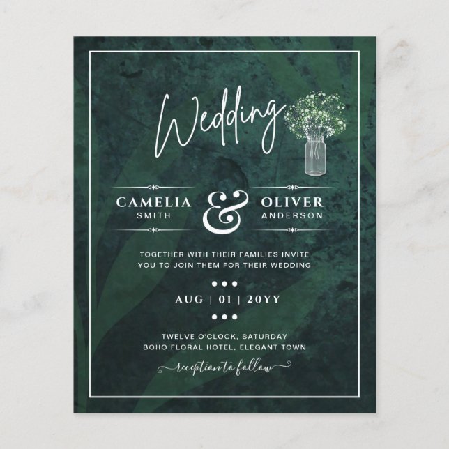 LeahG Emerald Green Gypsophila Mason Jar Wedding Flyer (Front)