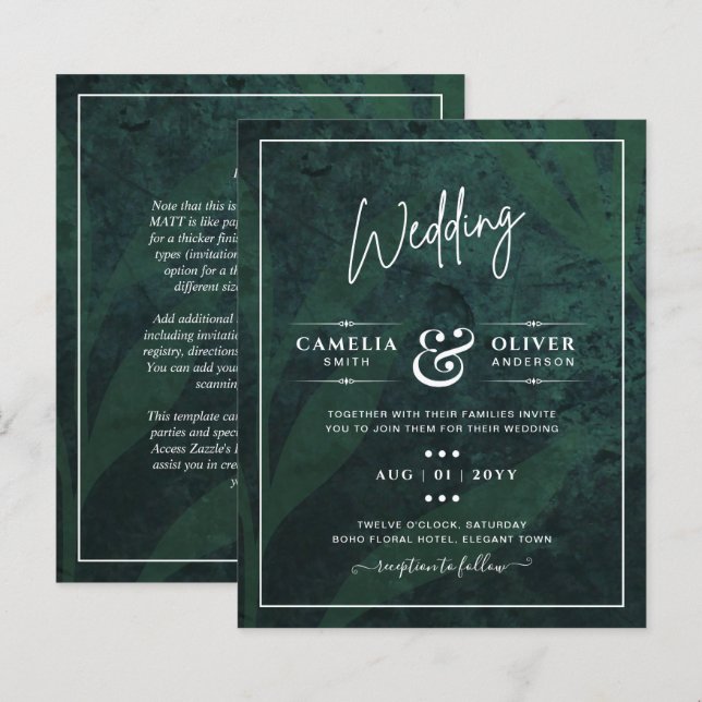 LeahG Emerald Green White Leaves Wedding Invite (Front/Back)