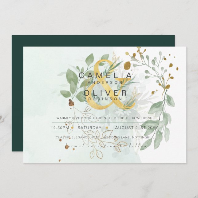 Leahg Eucalyptus Greenery Gold Wedding QR CODE IN Invitation (Front/Back)
