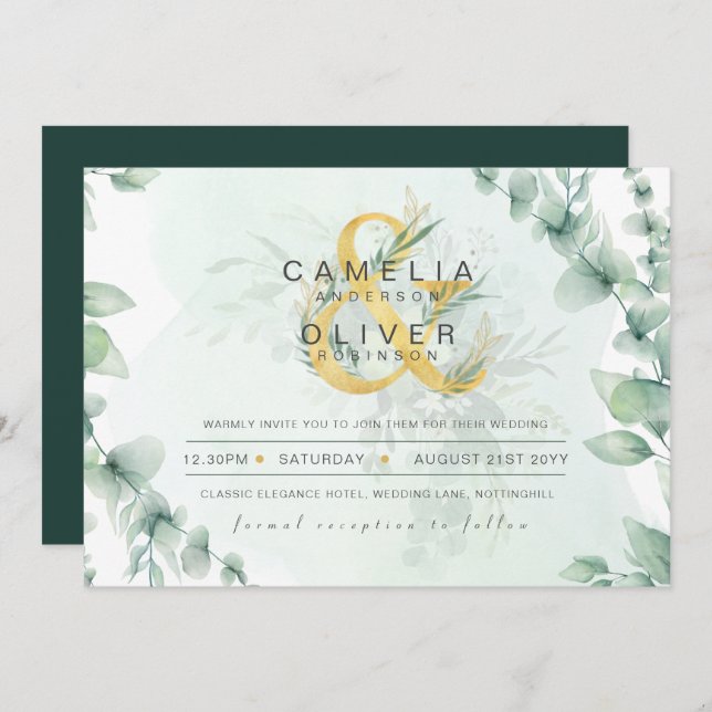 Leahg Eucalyptus Greenery Gold Wedding QR CODE IN Invitation (Front/Back)