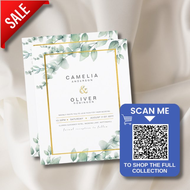 LeahG Eucalyptus Greenery Gold WEDDING QR CODE Inv Invitation (Creator Uploaded)