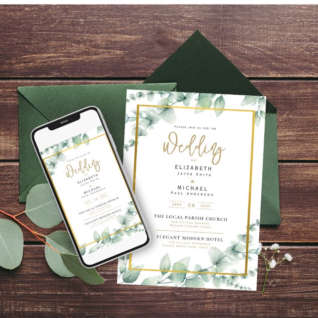 LeahG Eucalyptus Greenery Gold WEDDING QR CODE Inv Invitation (Creator Uploaded)