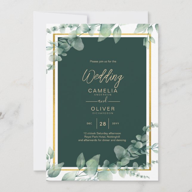 LeahG Eucalyptus Greenery Gold WEDDING QR CODE Invitation (Front)