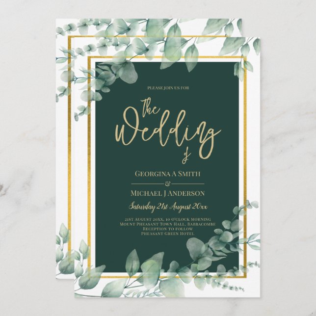 LeahG Eucalyptus Greenery Gold WEDDING QR CODE Invitation (Front/Back)