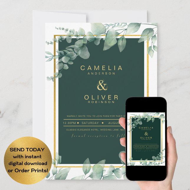 LeahG Eucalyptus Greenery Gold WEDDING QR CODE Invitation (Creator Uploaded)