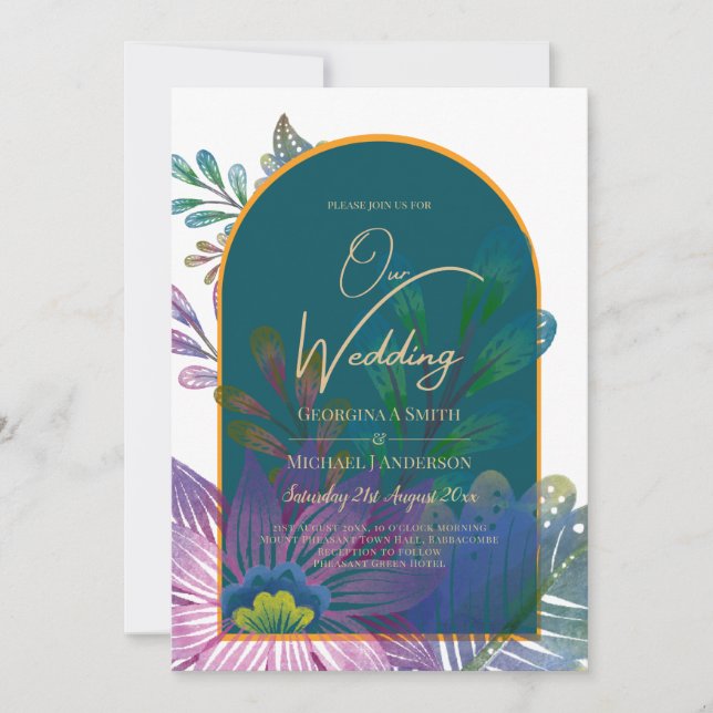LeahG Green Purple Gold JEWEL TONES Wedding INVITE (Front)