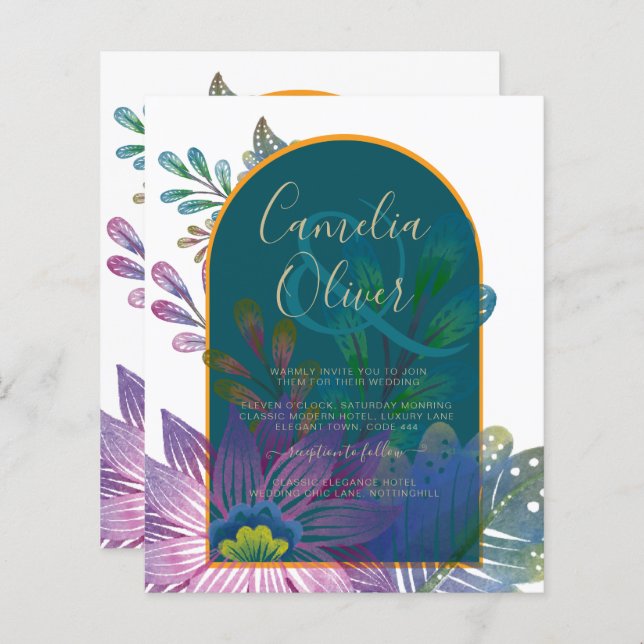LeahG Green Purple Gold JEWEL TONES Wedding INVITE (Front/Back)