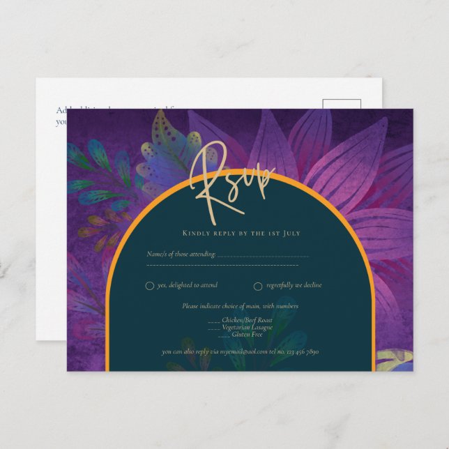 LeahG Green Purple Gold JEWEL TONES Wedding INVITE Postcard (Front/Back)